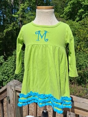 Girls Lime Green Ruffle Hem Tunic with Blue Monogram M, Sz 3T
